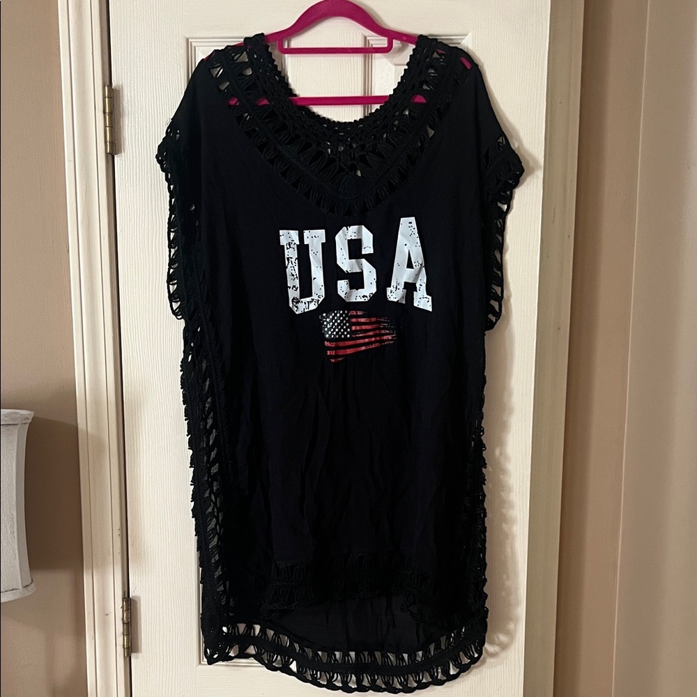 Black Crochet Tunic with USA Graphic